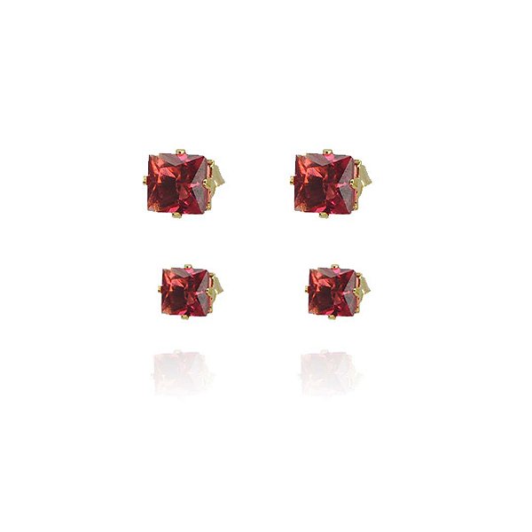 Duo Quadrado De Zircônias Vermelhas Folheado Em Ouro 18k [F027]