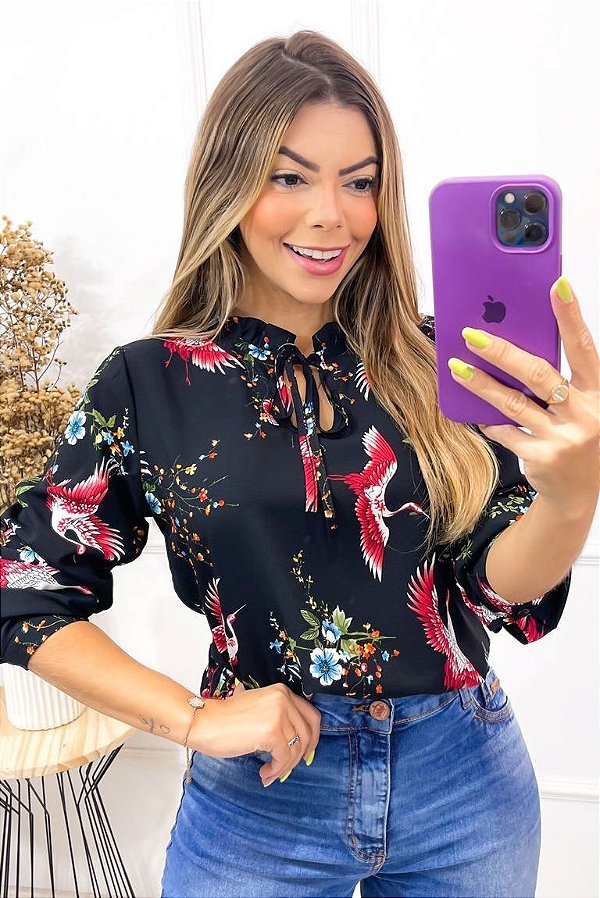 Blusa Crepe Manga Longa Beija Flor [F081]