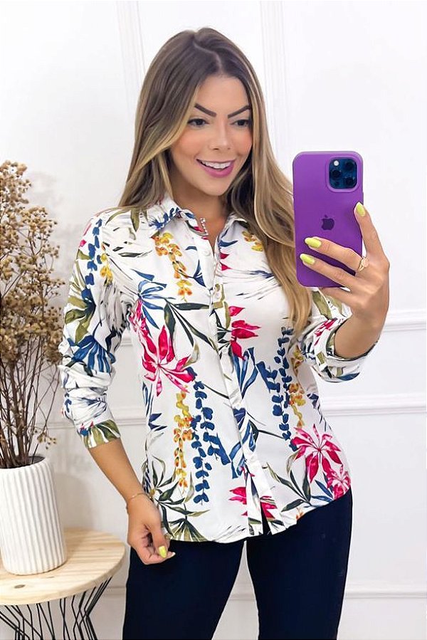 Blusa Crepe Manga Longa Folhagem [F081]
