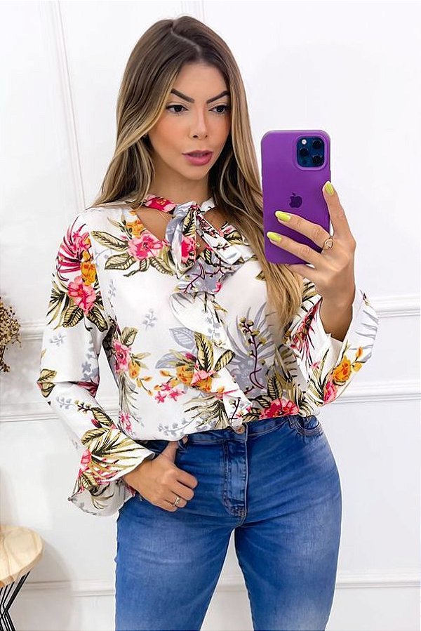Blusa Crepe Manga Longa Frente Babado [F081]