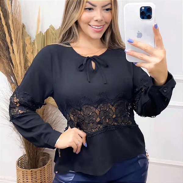 Blusa Chiffon Detalhe Renda Manga Longa [F081]