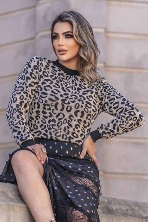 Blusa Tricot Onça Manga Longa [F081]