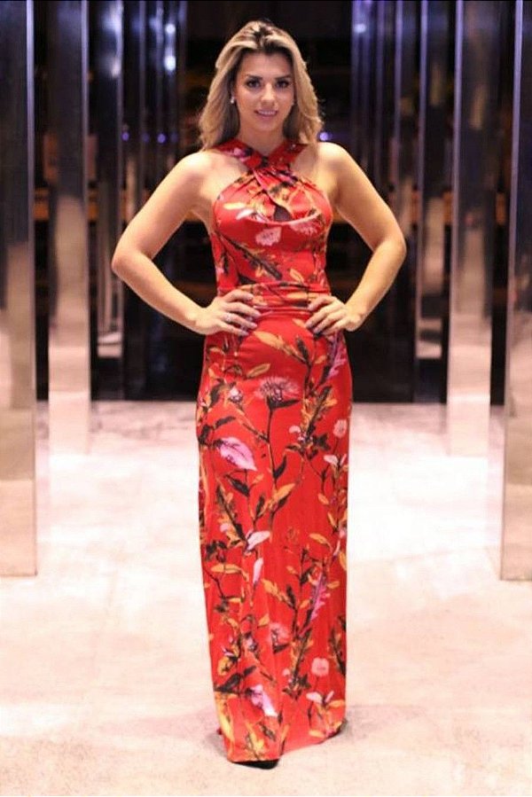Vestido Longo Viscolycra Estampado Multi Uso Cor:vermelho;tamanho:u [F081]