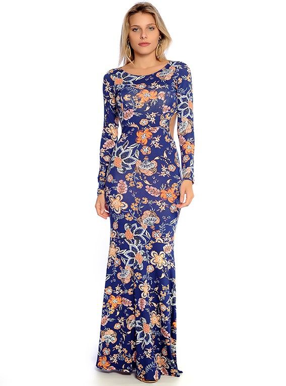 Vestido Longo Viscolycra Estampado Sereia Vermont Azul [F081]