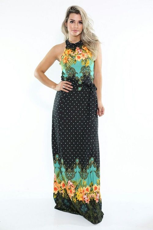 Vestido Longo Viscolycra Madrid Estampado Preto [F081]