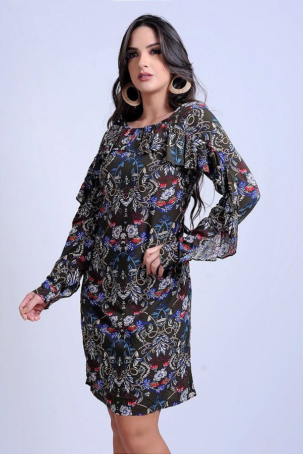 Vestido Curto Estampado Babado Mangas [F081]