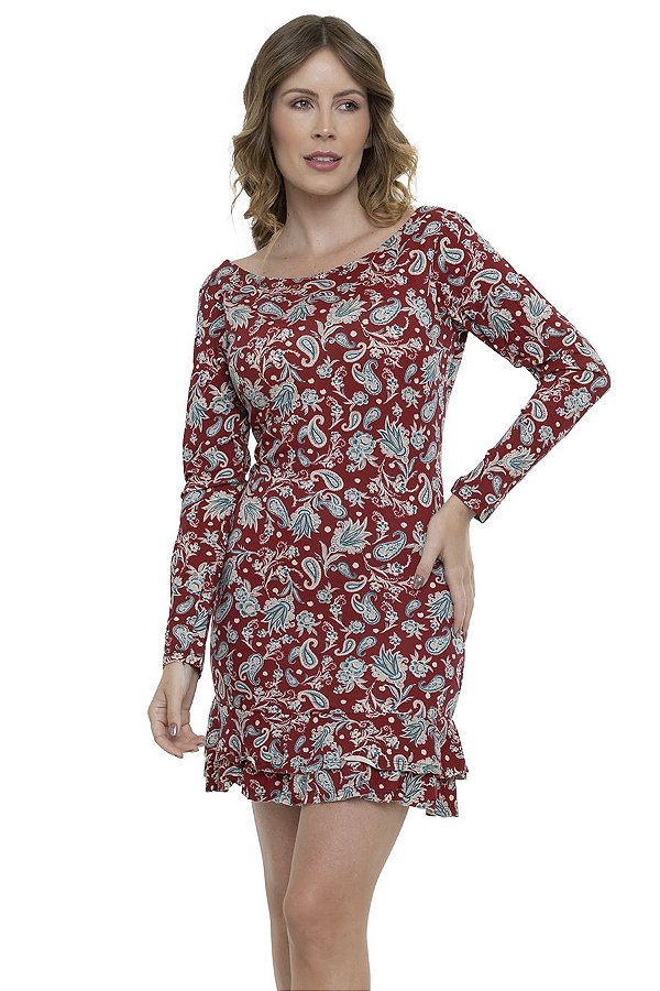 Vestido Curto Viscolycra Decotado Manga Longa Paisley [F081]