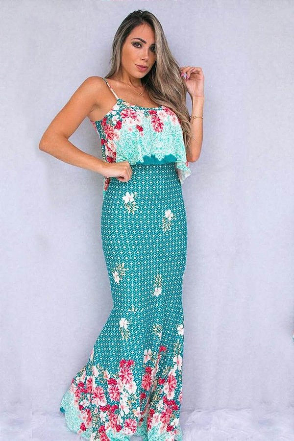 Vestido Longo Babado Carolina Estampa Verde [F081]