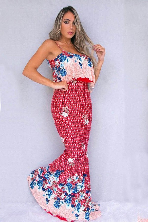 Vestido Longo Babado Carolina Estampa Vermelho [F081]