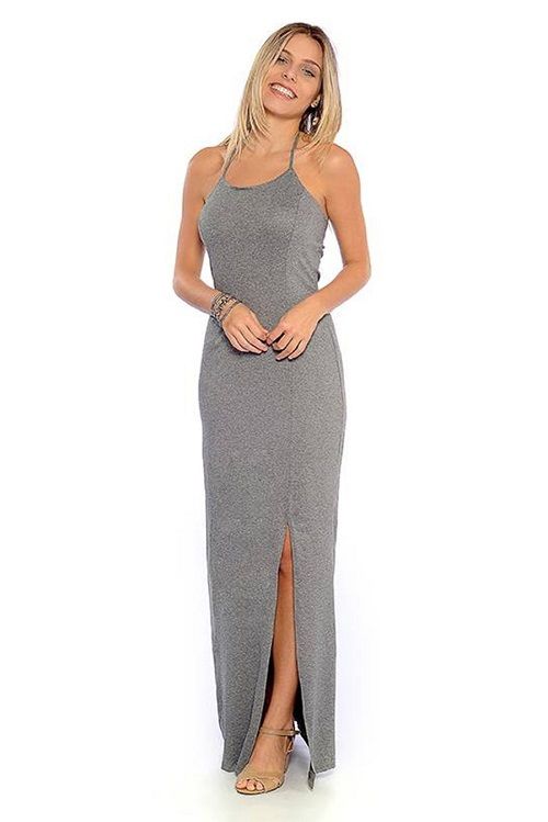 Vestido Longo Viscolycra Canelado Cinza [F081]