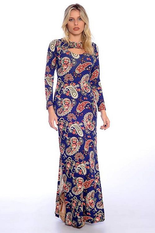 Vestido Longo Viscolycra Decote Vazado Cor:azul;tamanho:u [F081]