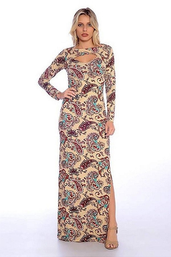 Vestido Longo Viscolycra Decote Vazado Cor:bege;tamanho:u [F081]