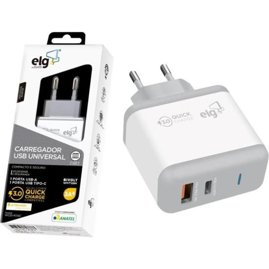 Carregador USB + USB Tipo C 3A WC2S-PDQC Branco ELG [F002]