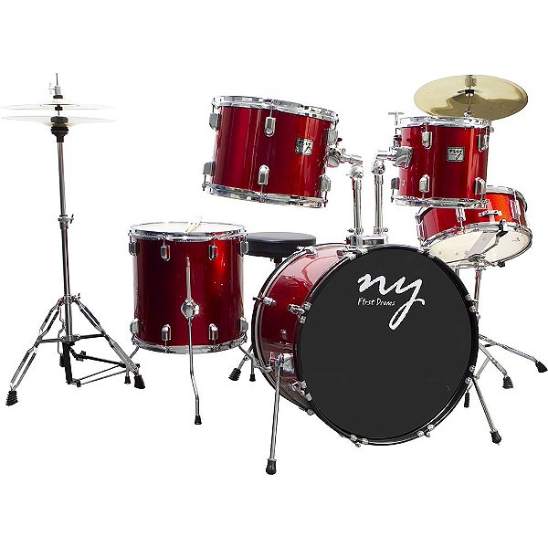 Bateria Acústica 2t Cromada Vermelho Com Banco Ny-f1rst [F097]