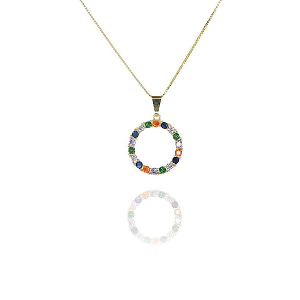 Colar Pingente Circulo De Zircônia Colorida Folheado A Ouro 18k [F027]