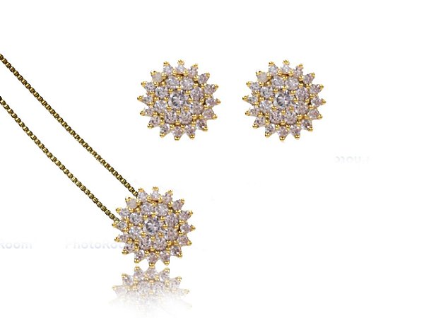 Conjunto Com Pingente E Brincos Pontiagudos Cravejados Com Zircônias [F027]