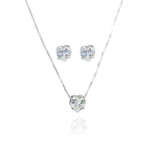 Conjunto Coração Com Zircônia Em Prata 925 [F027]