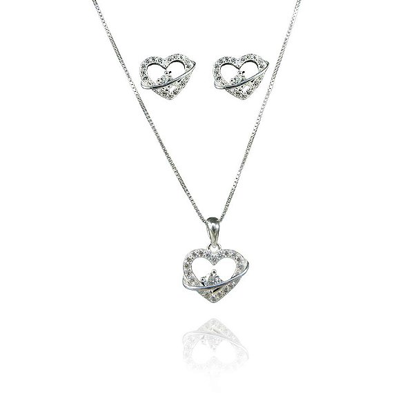 Conjunto Coração Trabalhado Com Zircônia Em Prata 925 [F027]