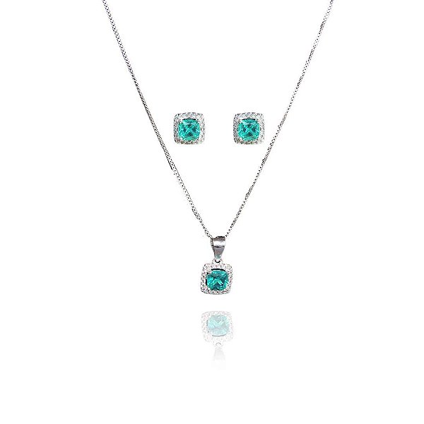 Conjunto Quadrado Com Zircônia Azul Tiffany  Em Prata 925 [F027]