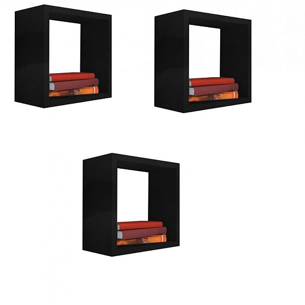 Kit 3 Nicho Decorativo 55x55x20 Cm Preto Em Mdf [F031]