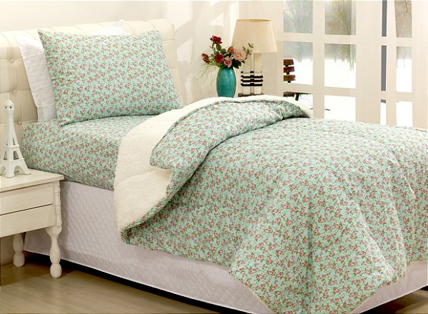 Edredom Coberdrom Solteiro Sherpa Pele De Carneiro Tricoline Floral [F101]