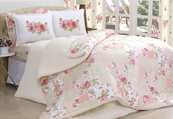 Kit Coberdrom Micropercal E Sherpa Patchwork King Size 03 Pçs [F101]