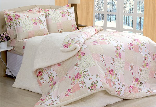 Kit Coberdrom Micropercal E Sherpa Patchwork Queen Size 03 Pçs [F101]