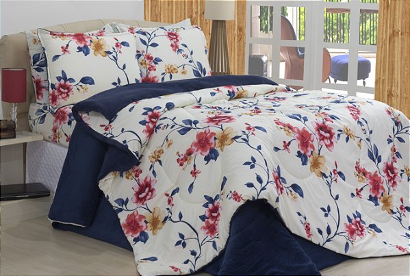 Kit Coberdrom Micropercal E Soft Floral Azul Queen Size 03 Pçs [F101]