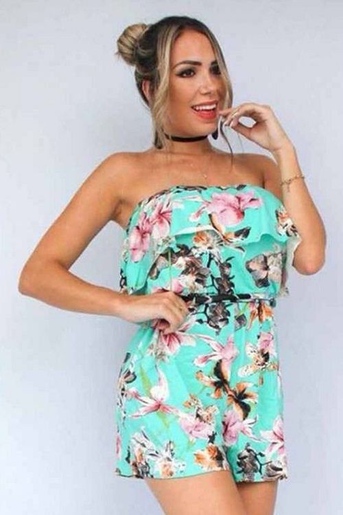 Macaquinho Tomara Que Caia Sem Alças Babado Floral Verão [F081]