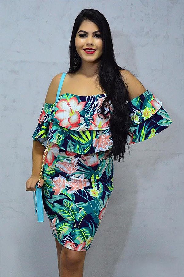 Vestido Curto Viscolycra Babado Ciganinha Floral [F081]