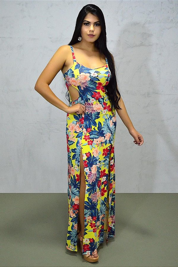 Vestido Longo Fresquinho Estampado Floral Alcinha Fendas [F081]
