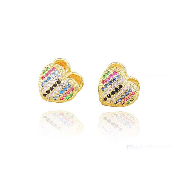 Brinco Argolinha Coração Com Mini Zirconias Coloridas [F027]