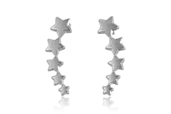 Brinco Ear Cuff De Estrelas Folheado Em Ródio Branco [F027]