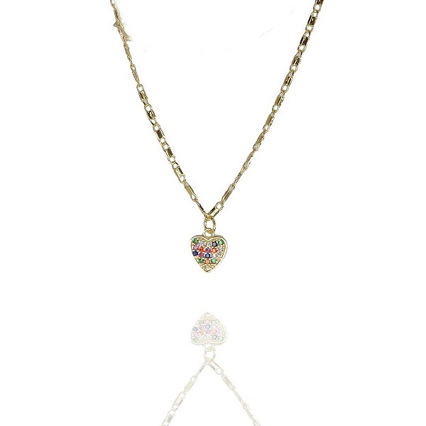 Pulseira Com Coração De Zircônias Coloridas Folheado A Ouro 18k