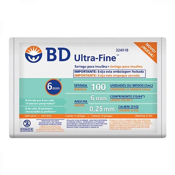Seringa Ultra Fine 6x0,25mm 100ui Com 10un Ac 324918 Bd [F083]