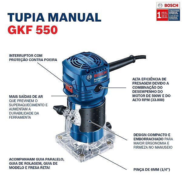 Tupia Profissional 550w C/ 2 Pinças - Bosch Gkf550 220v [F083]