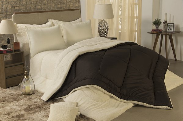 Edredom Coberdrom Queen Size Aspen Dupla Face Sherpa Que Imita Pele De Carneiro Marrom [F101]