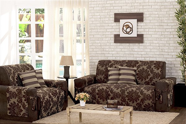 Capa Protetora De Sofa Jacquard 02 E 03 Lugares Com Almofadas Marrom [F101]
