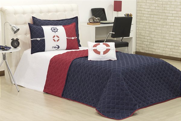 Cobreleito Maritimo Solteiro Dupla Face Azul E Vermelho 03 Pçs [F101]