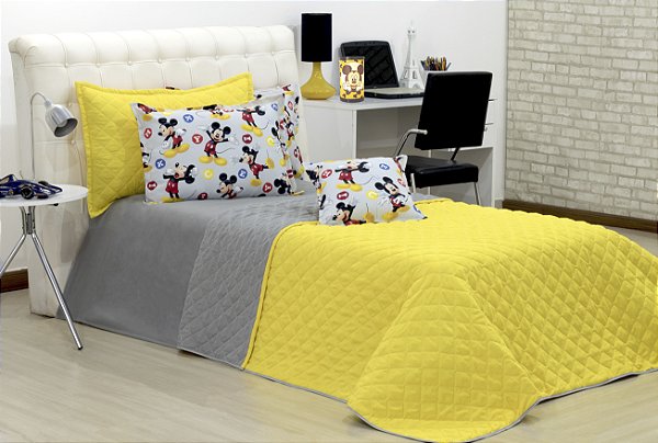 Cobreleito Mickey Solteiro Dupla Face Amarelo E Cinza 03 Pçs [F101]