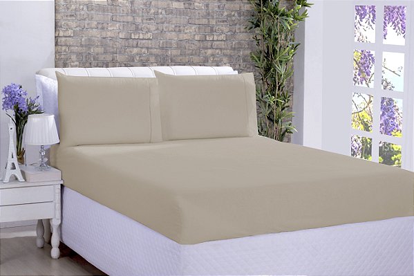 Jogo De Cama Lençol Ponto Palito Micropercal Casal 03 Peças Bege [F101]