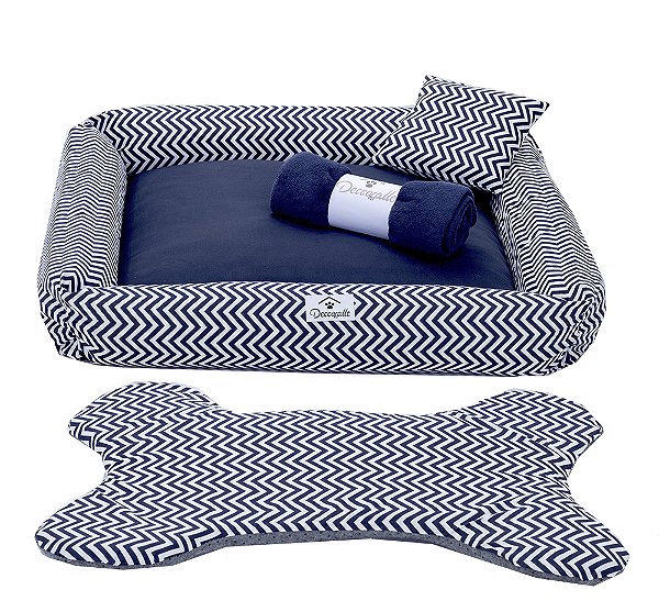 Kit Cama Pet Cachorro Ou Gato Chevron Azul Tam: G 04 Peças [F101]