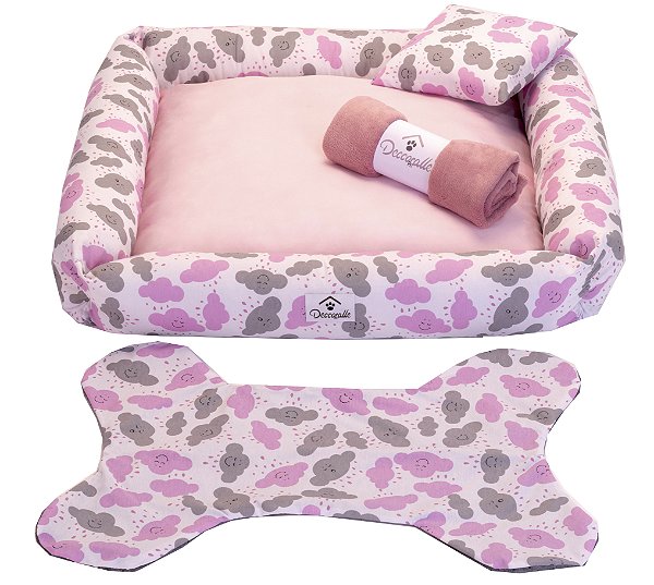 Kit Cama Pet Cachorro Ou Gato Nuvens Rosa Tam: G 04 Peças [F101]