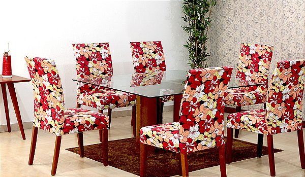 Capas De Cadeira 06 Lugares Floral Vermelho [F101]