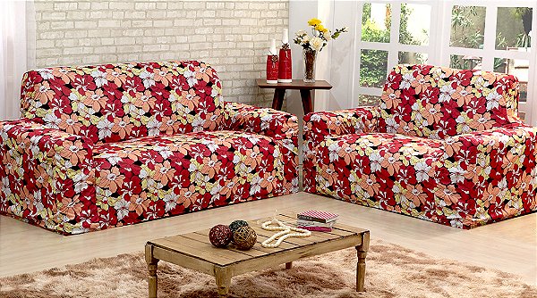 Capa De Sofá Adere Floral Vermelho 02 E 03 Lugares [F101]