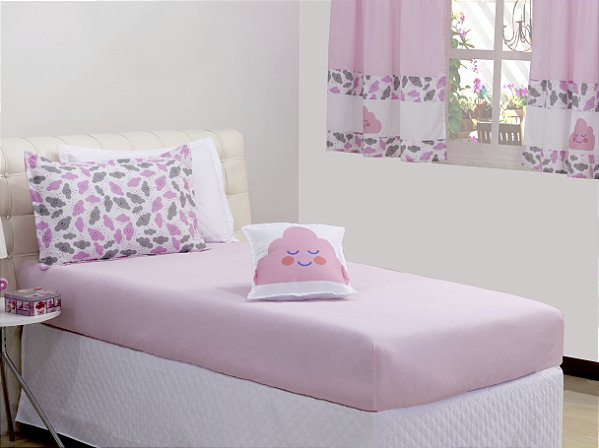 Jogo De Cama Lençol Solteiro Nuvem Rosa 03 Peças [F101]