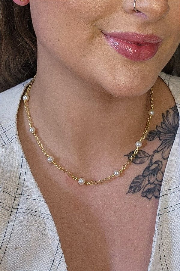 Colar Corrente Americana Com Pérolas Banhado Em Ouro 18k [F027]