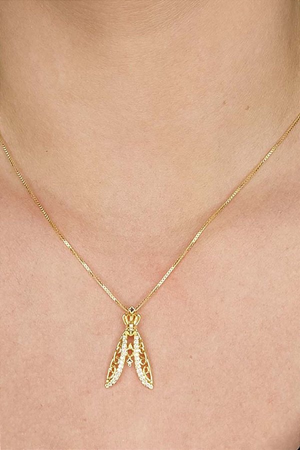 Colar Nossa Senhora Com Zircônias Brancas Banhado Em Ouro 18k [F027]