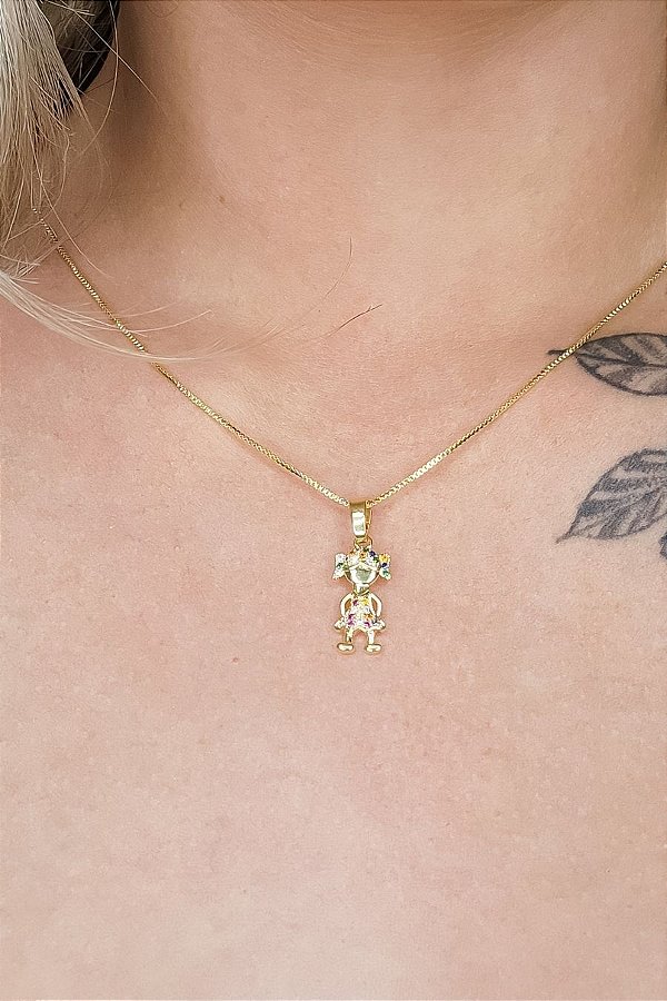 Colar Pingente Menina Com Zircônia Colorida Banhado Em Ouro 18k [F027]