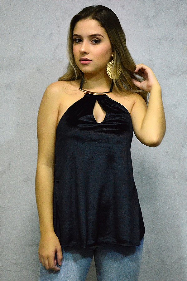 Blusa Veludo Decote Jóia [F081]